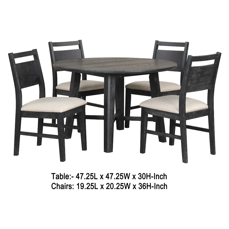 Saby 5pc Round Dining Table Set- 4 Side Chairs- Black Wood- Light Brown