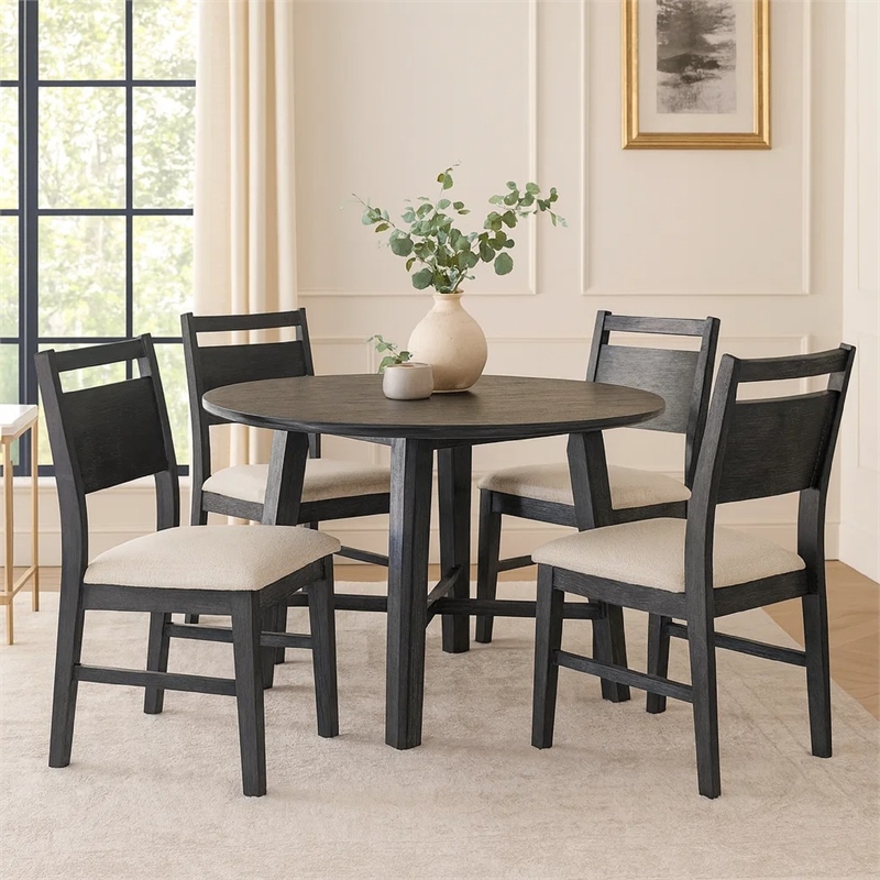 Saby 5pc Round Dining Table Set- 4 Side Chairs- Black Wood- Light Brown