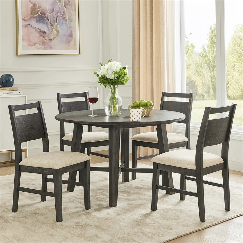 Saby 5pc Round Dining Table Set- 4 Side Chairs- Black Wood- Light Brown