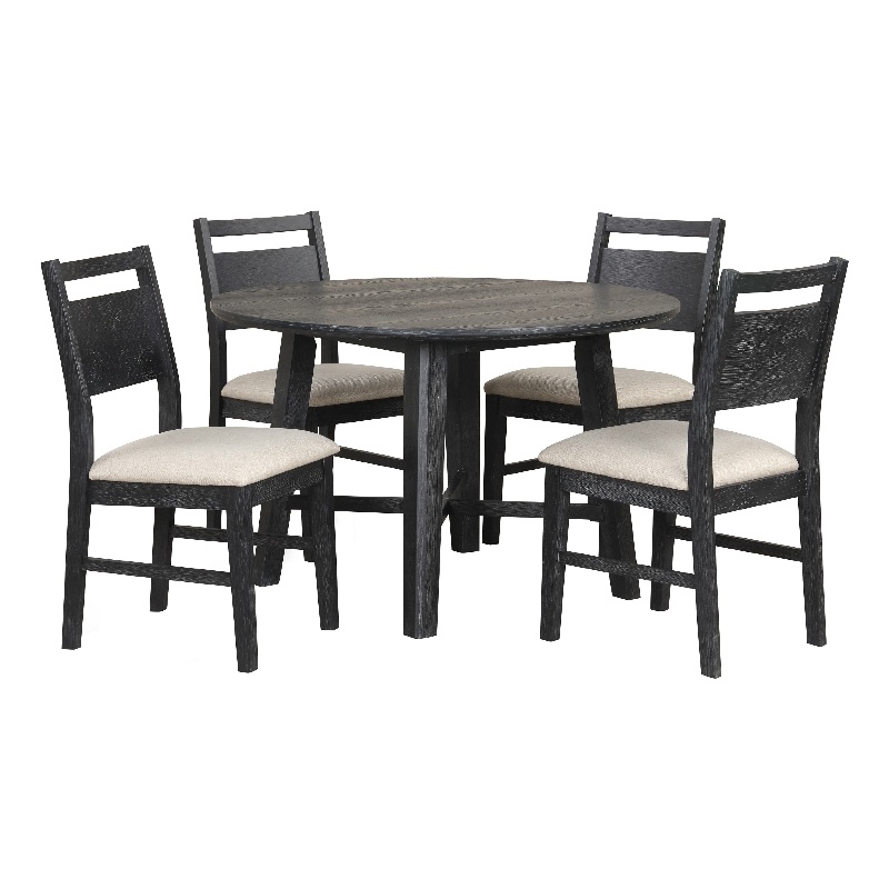 Saby 5pc Round Dining Table Set- 4 Side Chairs- Black Wood- Light Brown