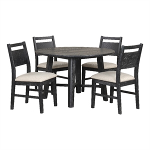 Saby 5pc Round Dining Table Set- 4 Side Chairs- Black Wood- Light Brown