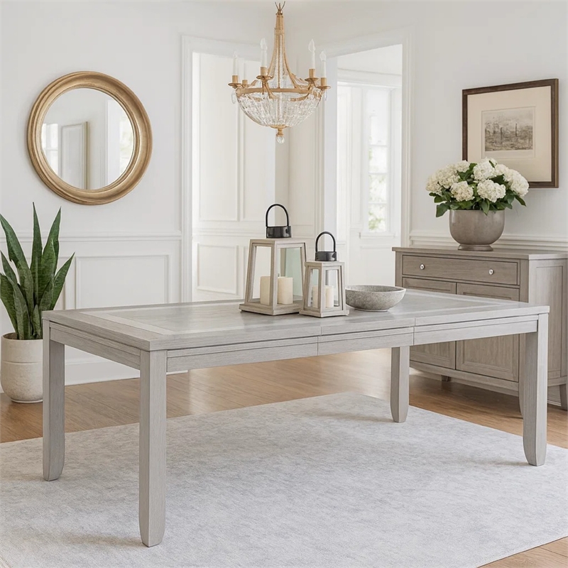 Ion Dining Table- Gray Rubberwood- White Marble Inlay- 78-102 Inch
