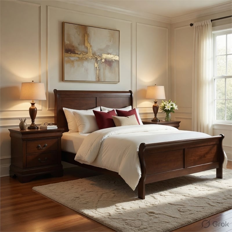 Queen Size Bedroom Set- Brown Finish- 3-Piece Set with Bed and Two Nightstands