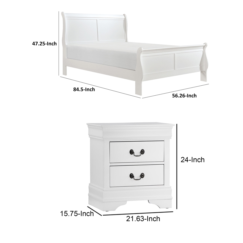 Full Size Bedroom Set- White Finish- 2-Piece Set with Bed and Nightstand