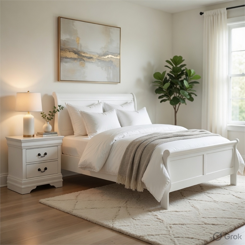 Full Size Bedroom Set- White Finish- 2-Piece Set with Bed and Nightstand