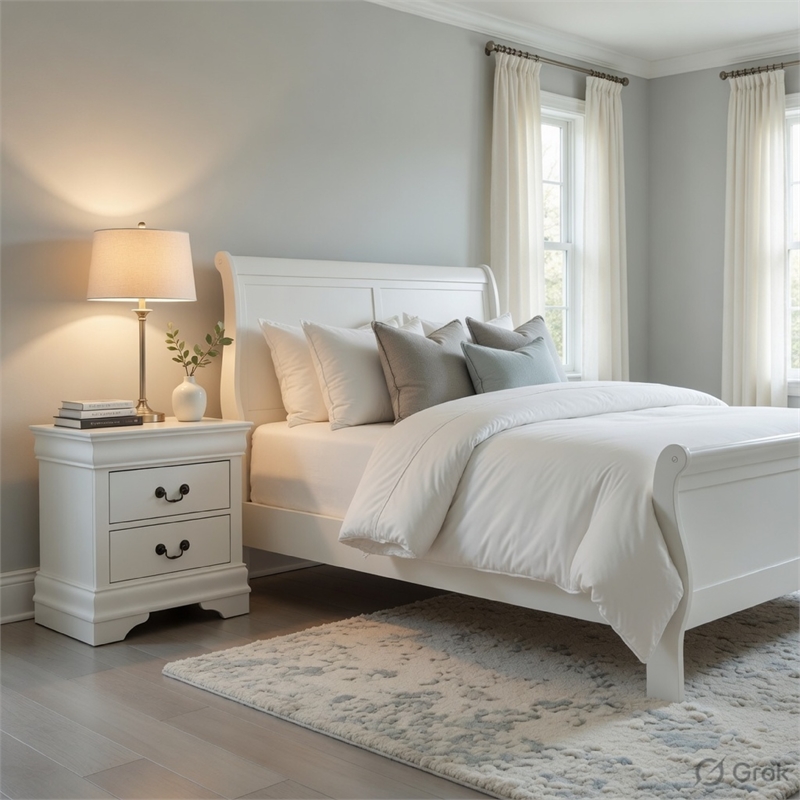 Full Size Bedroom Set- White Finish- 2-Piece Set with Bed and Nightstand