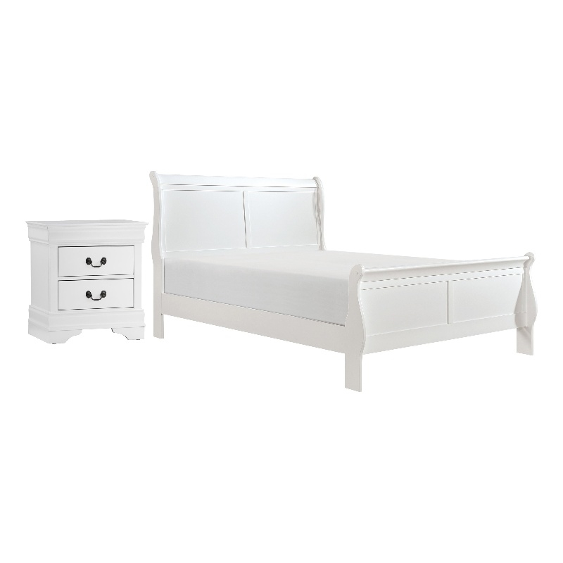 Full Size Bedroom Set- White Finish- 2-Piece Set with Bed and Nightstand