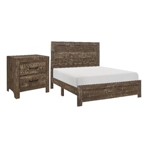 King Size Bedroom Set- Brown- Panel Design- 2-Piece Set with Bed and Nightstand