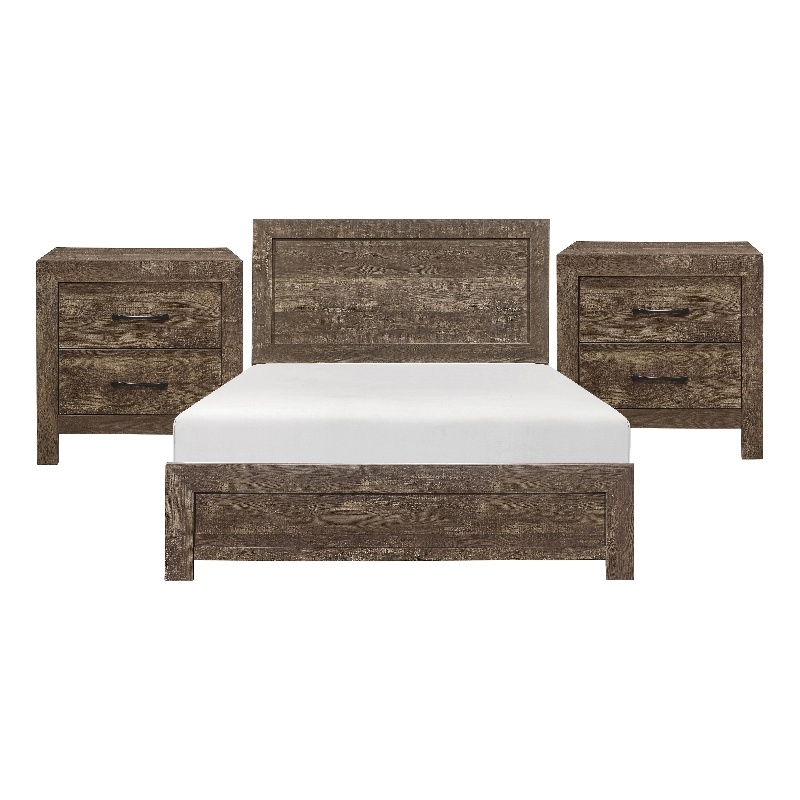 King Size Bedroom Set-Brown-Panel Design-3-Piece Set with Bed and Two Nightstand