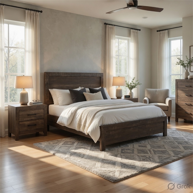 King Size Bedroom Set-Brown-Panel Design-3-Piece Set with Bed and Two Nightstand