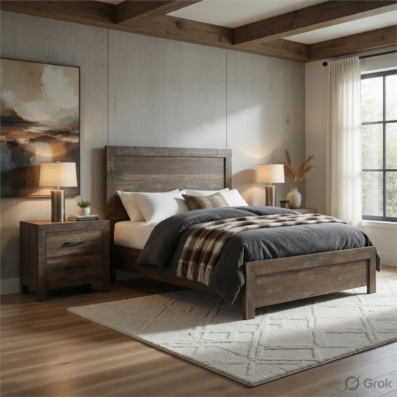 King Size Bedroom Set-Brown-Panel Design-3-Piece Set with Bed and Two Nightstand
