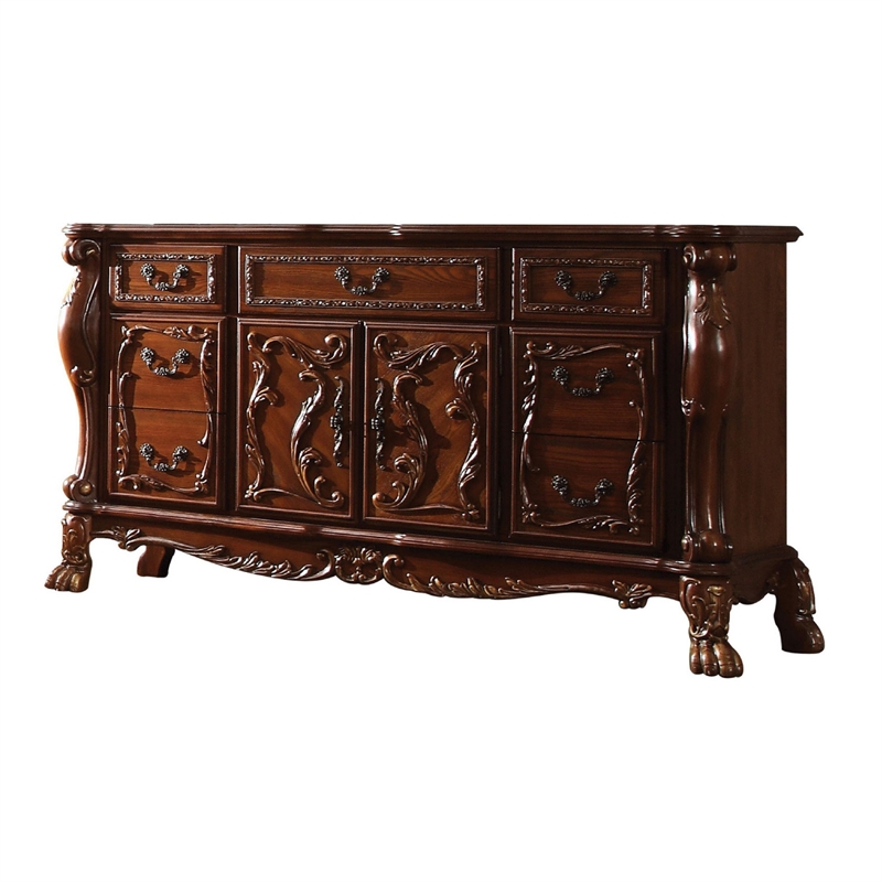 Queen Bedroom Set-Carved Wood Design-Brown-4-Piece Set-Bed-Nightstands-Dresser