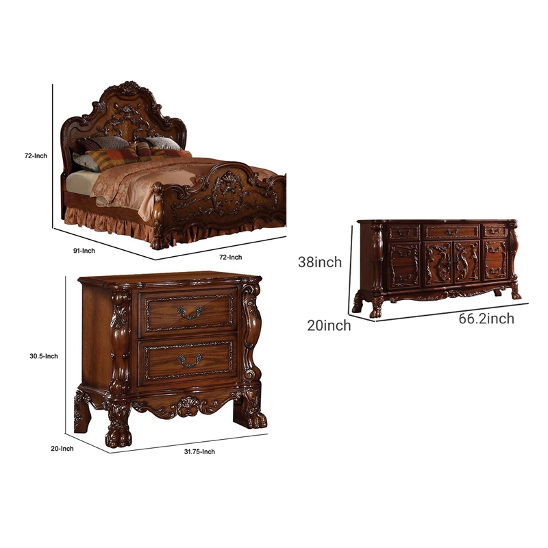 Queen Bedroom Set-Carved Wood Design-Brown-4-Piece Set-Bed-Nightstands-Dresser