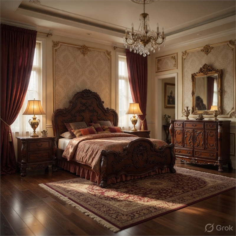 Queen Bedroom Set-Carved Wood Design-Brown-4-Piece Set-Bed-Nightstands-Dresser