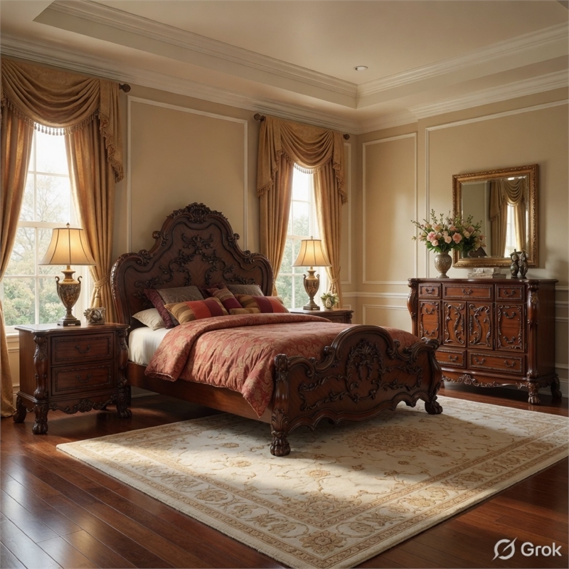 Queen Bedroom Set-Carved Wood Design-Brown-4-Piece Set-Bed-Nightstands-Dresser