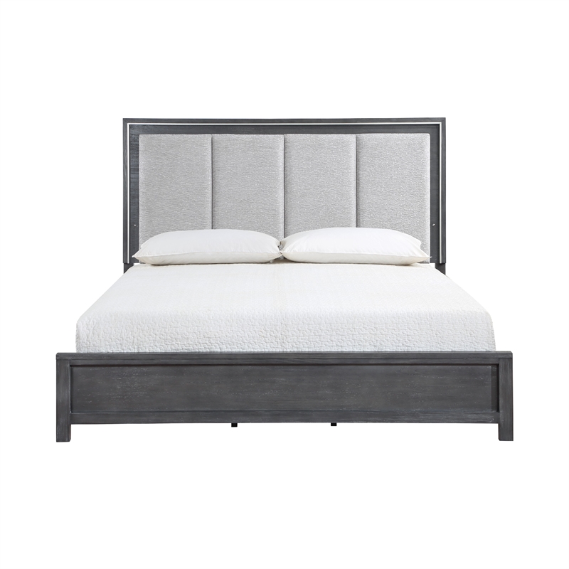 Odiy King Size Bed- Vertical Padded Gray Upholstery- LED Headboard