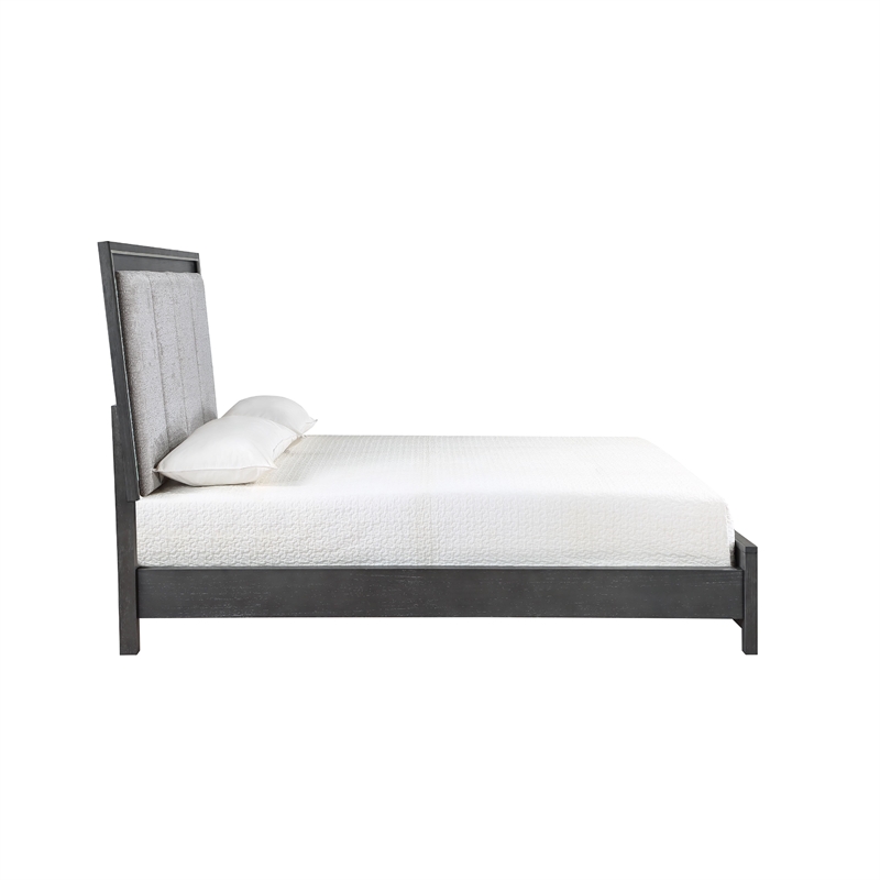 Odiy King Size Bed- Vertical Padded Gray Upholstery- LED Headboard