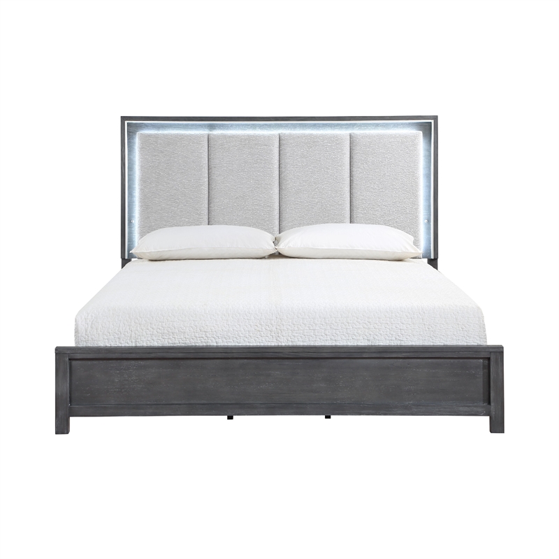 Odiy King Size Bed- Vertical Padded Gray Upholstery- LED Headboard