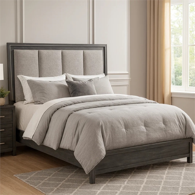 Odiy King Size Bed- Vertical Padded Gray Upholstery- LED Headboard