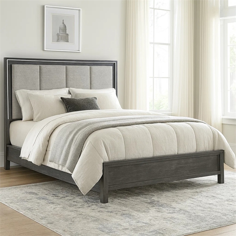 Odiy King Size Bed- Vertical Padded Gray Upholstery- LED Headboard