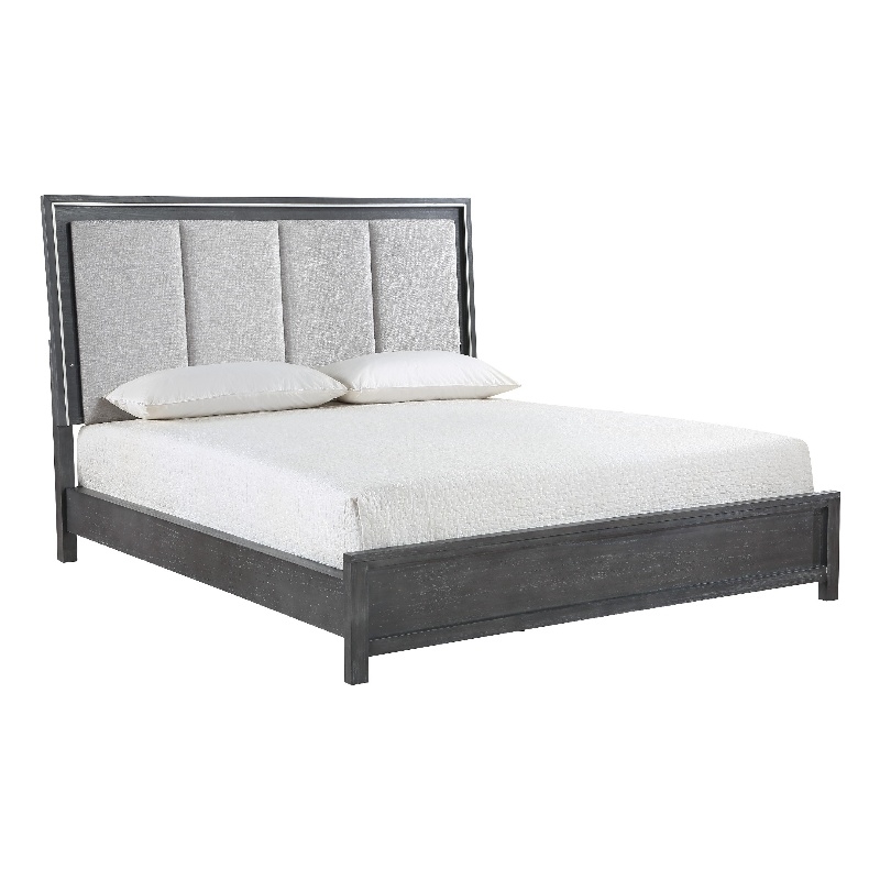 Odiy King Size Bed- Vertical Padded Gray Upholstery- LED Headboard