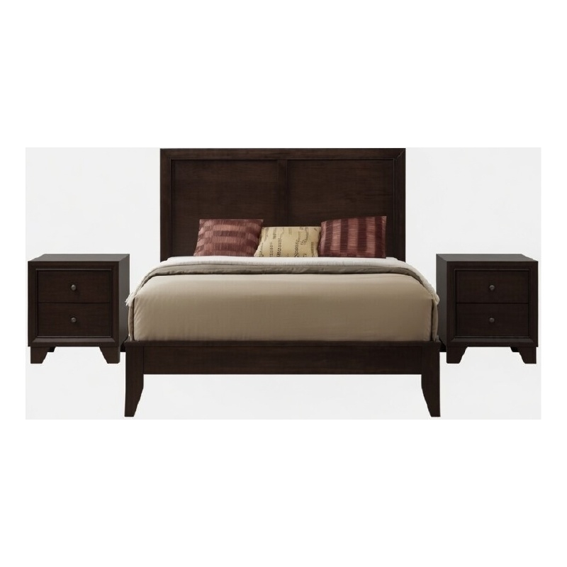 Queen Size Bedroom Set- Brown Finish- 3-Piece Set with Bed and Two Nightstands