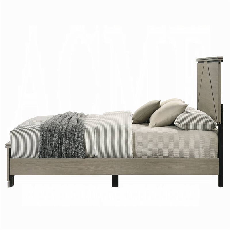 Queen Size Bedroom Set-Gray-Panel Headboard- 3-Piece Set-Bed-Two Nightstand