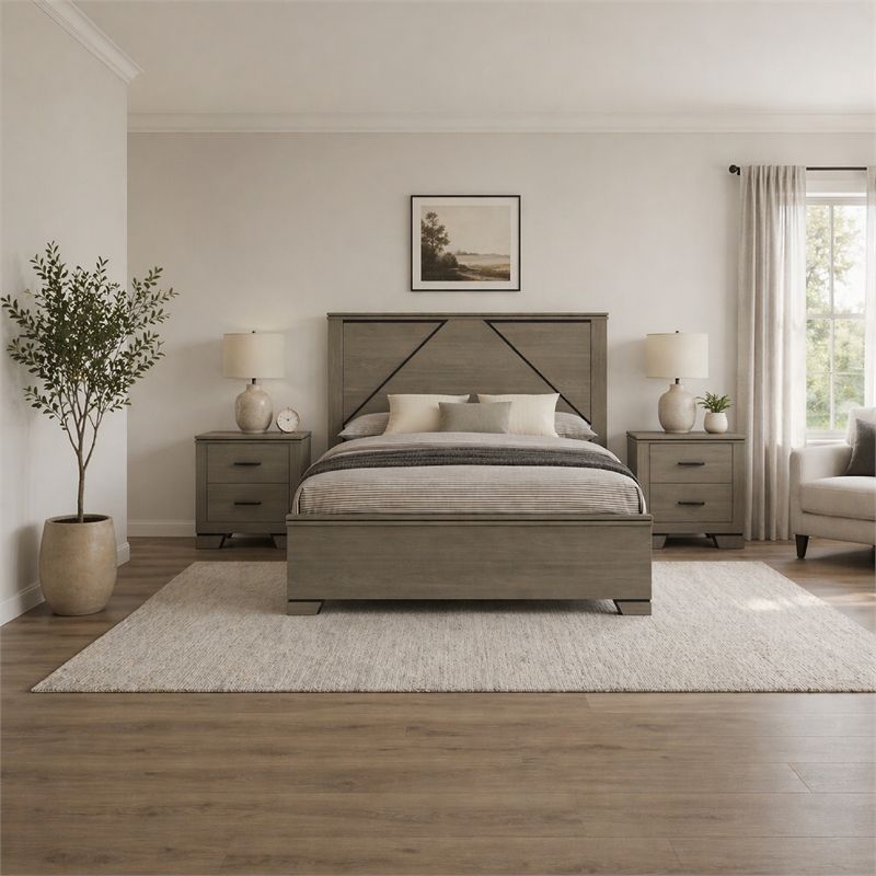 Queen Size Bedroom Set-Gray-Panel Headboard- 3-Piece Set-Bed-Two Nightstand