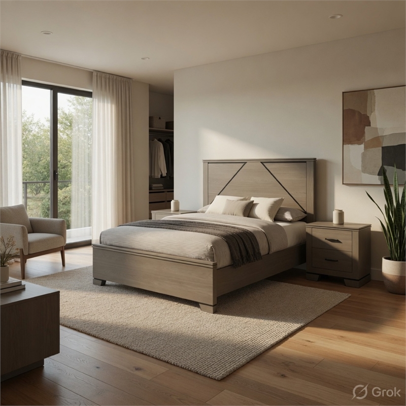Queen Size Bedroom Set-Gray-Panel Headboard- 3-Piece Set-Bed-Two Nightstand