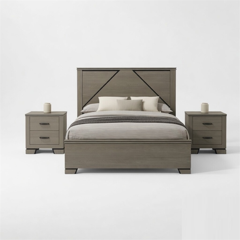 Queen Size Bedroom Set-Gray-Panel Headboard- 3-Piece Set-Bed-Two Nightstand