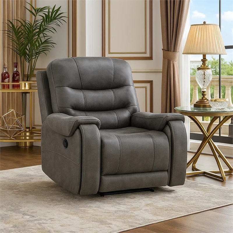 Oby Manual Reclining Chair- Panel Stitched Back- Dark Gray Microfiber