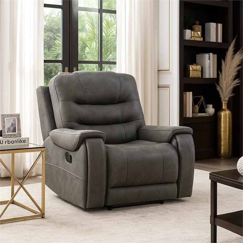Oby Manual Reclining Chair- Panel Stitched Back- Dark Gray Microfiber