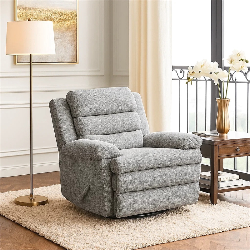 Oxy Swivel Manual Reclining Chair- Foam Pillow Arms- Gray Microfiber