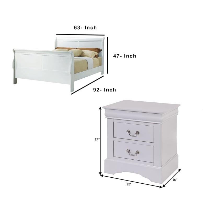 Queen Size Bedroom Set- White Finish- 3-Piece Set with Bed and 2 Nightstand