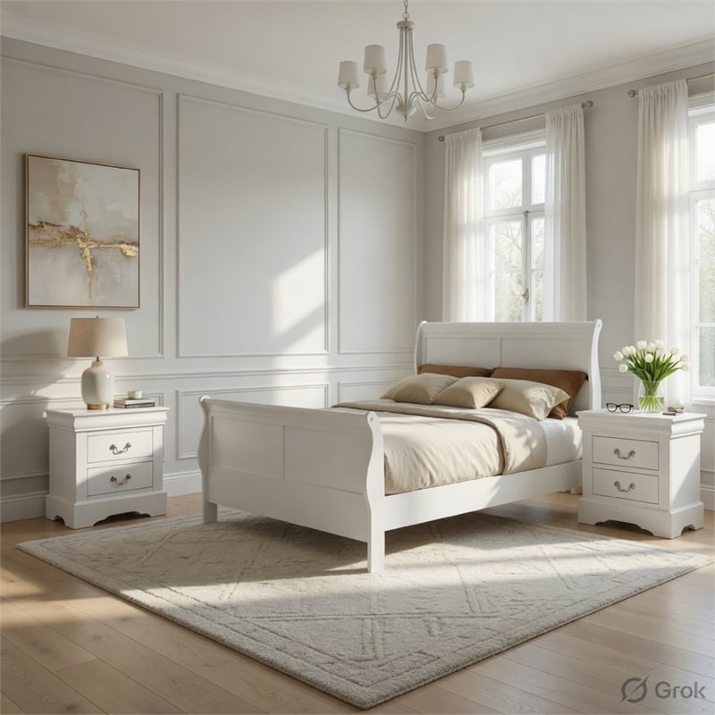 Queen Size Bedroom Set- White Finish- 3-Piece Set with Bed and 2 Nightstand