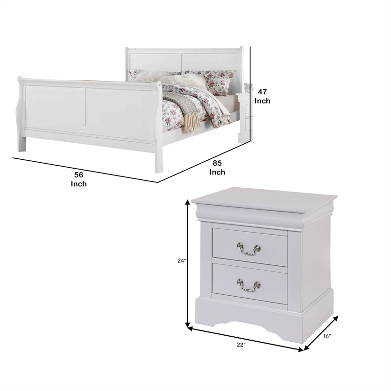Full Size Bedroom Set- White Finish- 2-Piece Set with Bed and 1 Nightstand