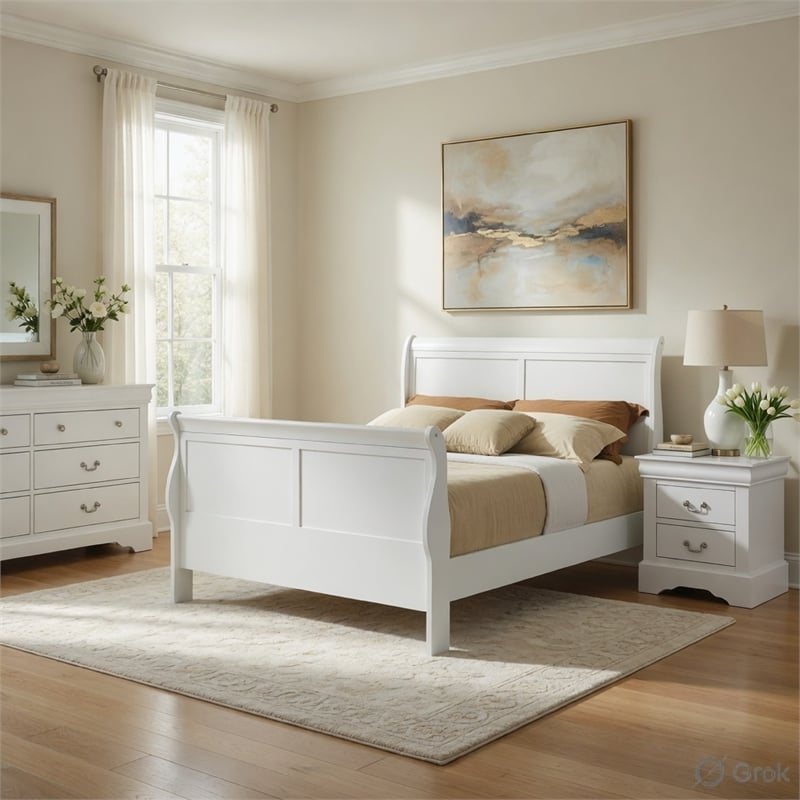 Full Size Bedroom Set- White Finish- 2-Piece Set with Bed and 1 Nightstand