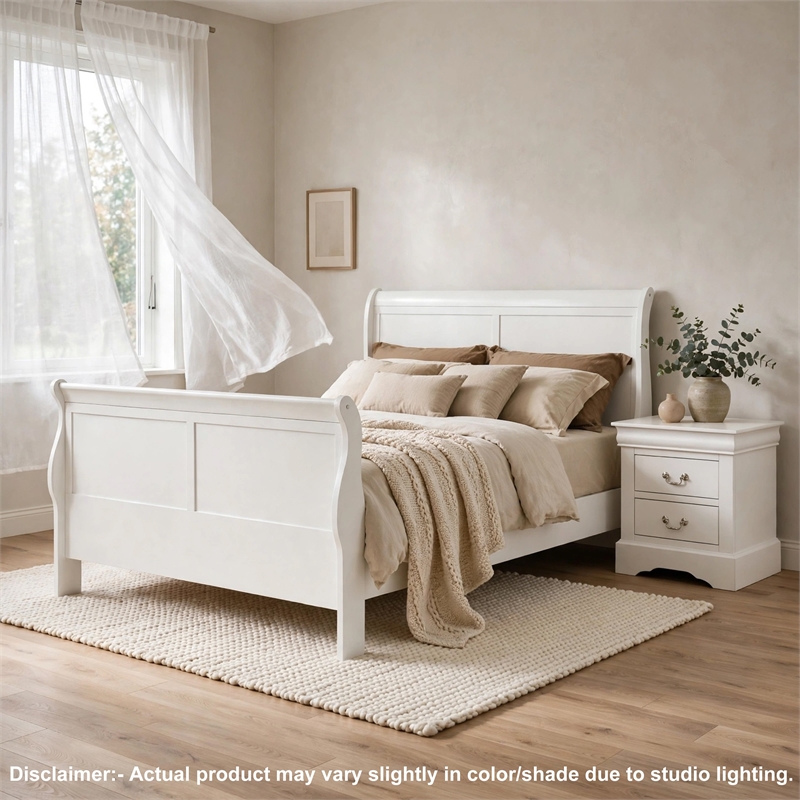 Full Size Bedroom Set- White Finish- 2-Piece Set with Bed and 1 Nightstand