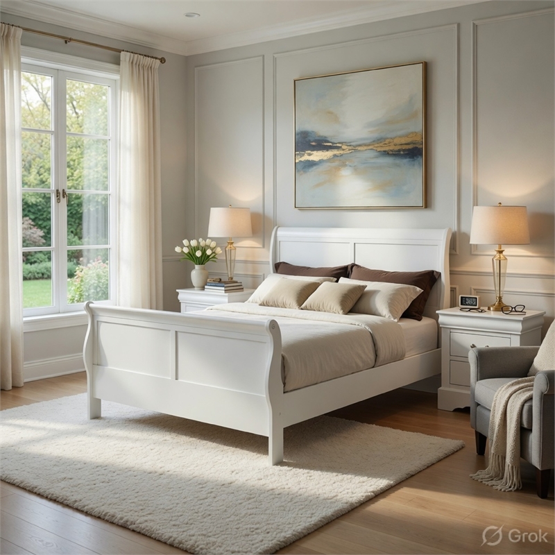 Full Size Bedroom Set- White Finish- 3-Piece Set with Bed and 2 Nightstands