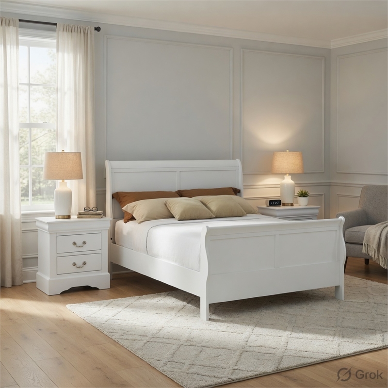 Full Size Bedroom Set- White Finish- 3-Piece Set with Bed and 2 Nightstands