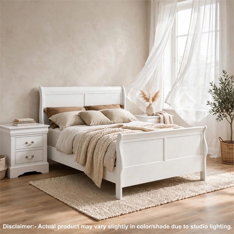 Full Size Bedroom Set- White Finish- 3-Piece Set with Bed and 2 Nightstands