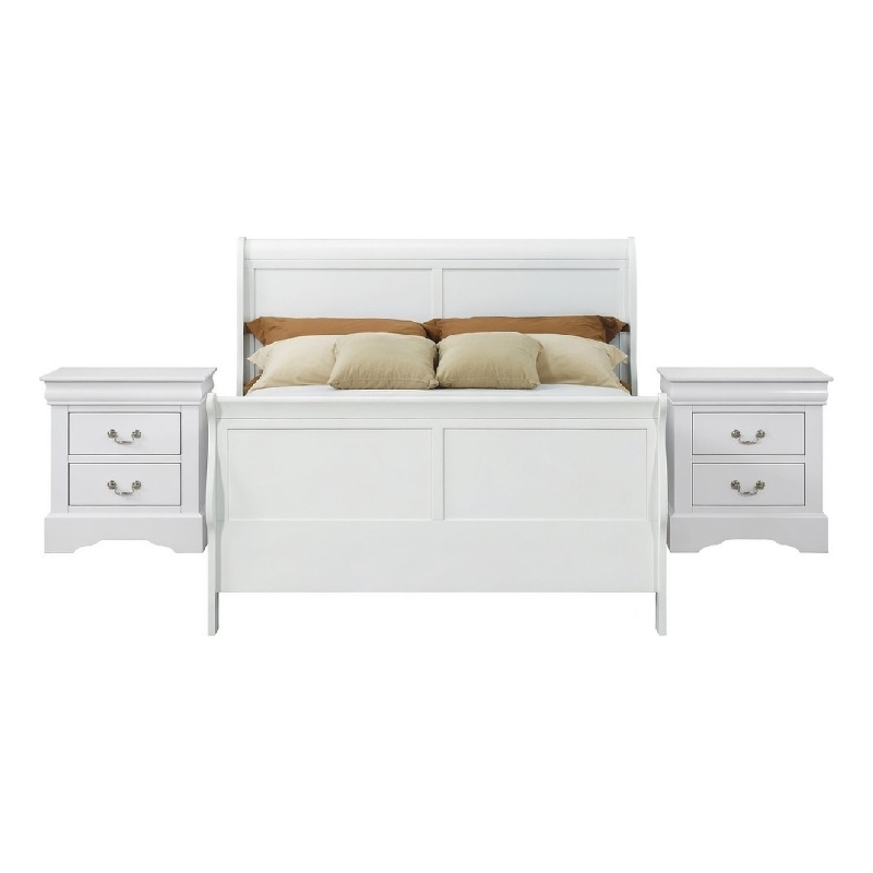 Full Size Bedroom Set- White Finish- 3-Piece Set with Bed and 2 Nightstands