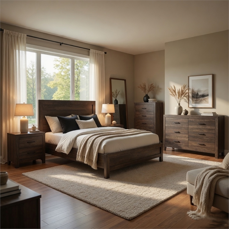 Queen Size Bedroom Set- White Finish- 5-Piece Set with Bed and Two Nightstands