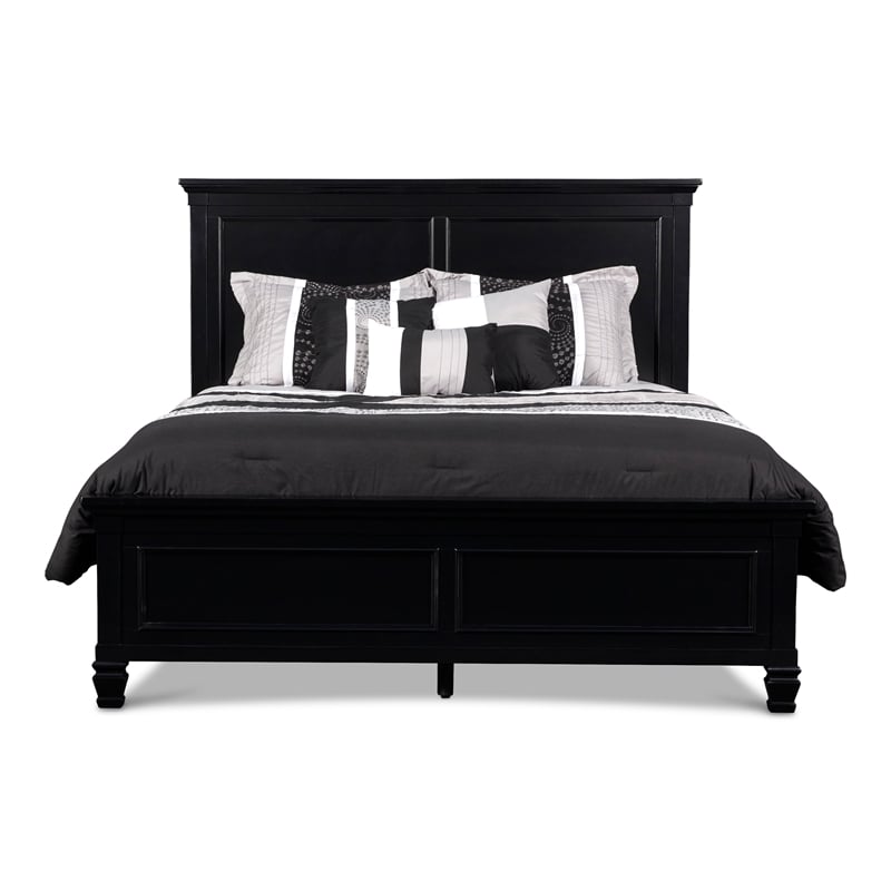 Umi King Size Bed- Solid Wood Panel Headboard- Farmhouse Black
