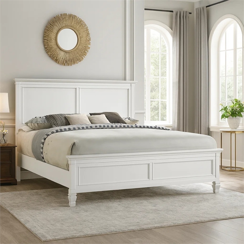 Umi King Size Bed- Solid Wood Panel Headboard- Farmhouse White