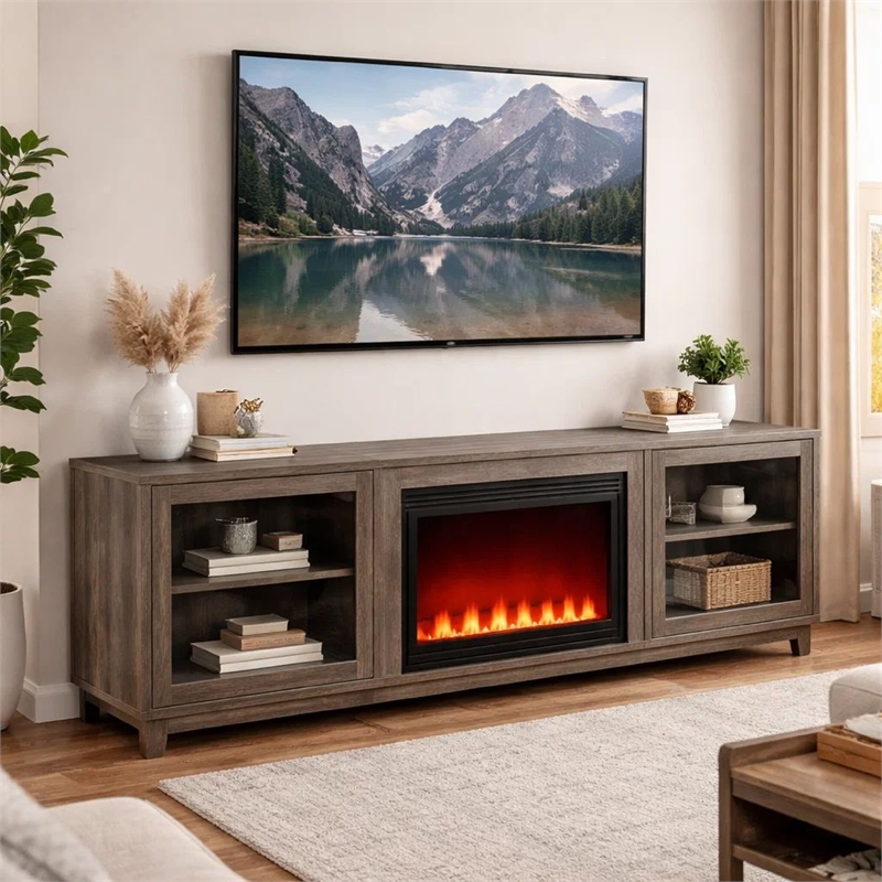 Sumi TV Stand Cabinet- Electric Fireplace Heater- Glass Doors- 70 Inch Gray
