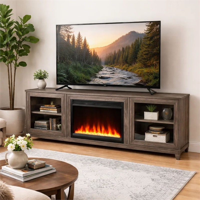 Sumi TV Stand Cabinet- Electric Fireplace Heater- Glass Doors- 70 Inch Gray
