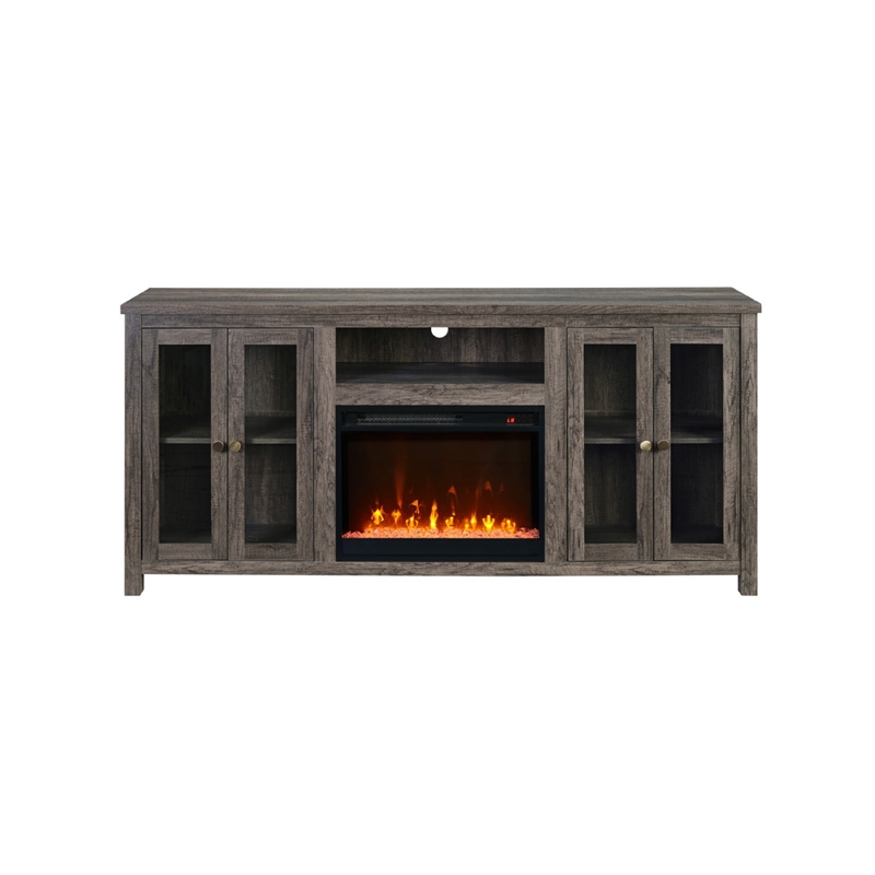 Tony Electric Fireplace TV Stand- Heater- Glass Doors- 70 Inch Walnut Gray