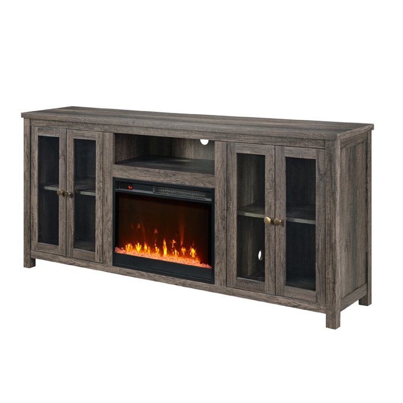 Tony Electric Fireplace TV Stand- Heater- Glass Doors- 70 Inch Walnut Gray