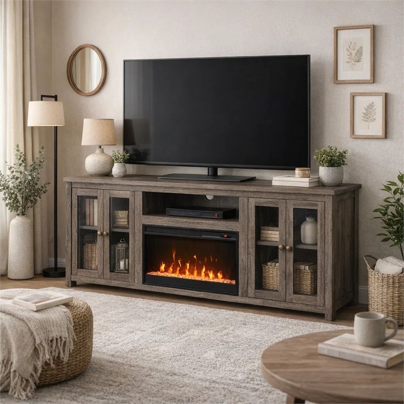 Tony Electric Fireplace TV Stand- Heater- Glass Doors- 70 Inch Walnut Gray